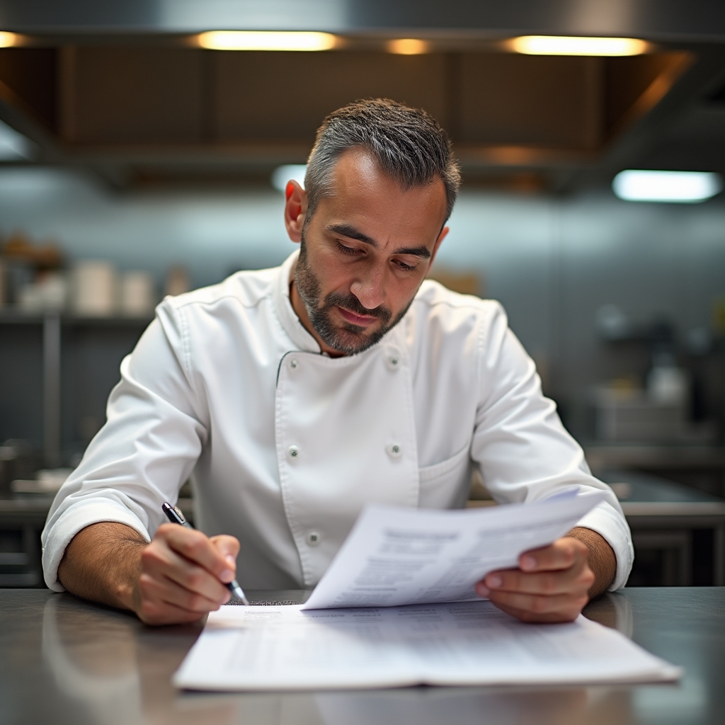 Chef reviewing cost analysis spreadsheet at kitchen workstation