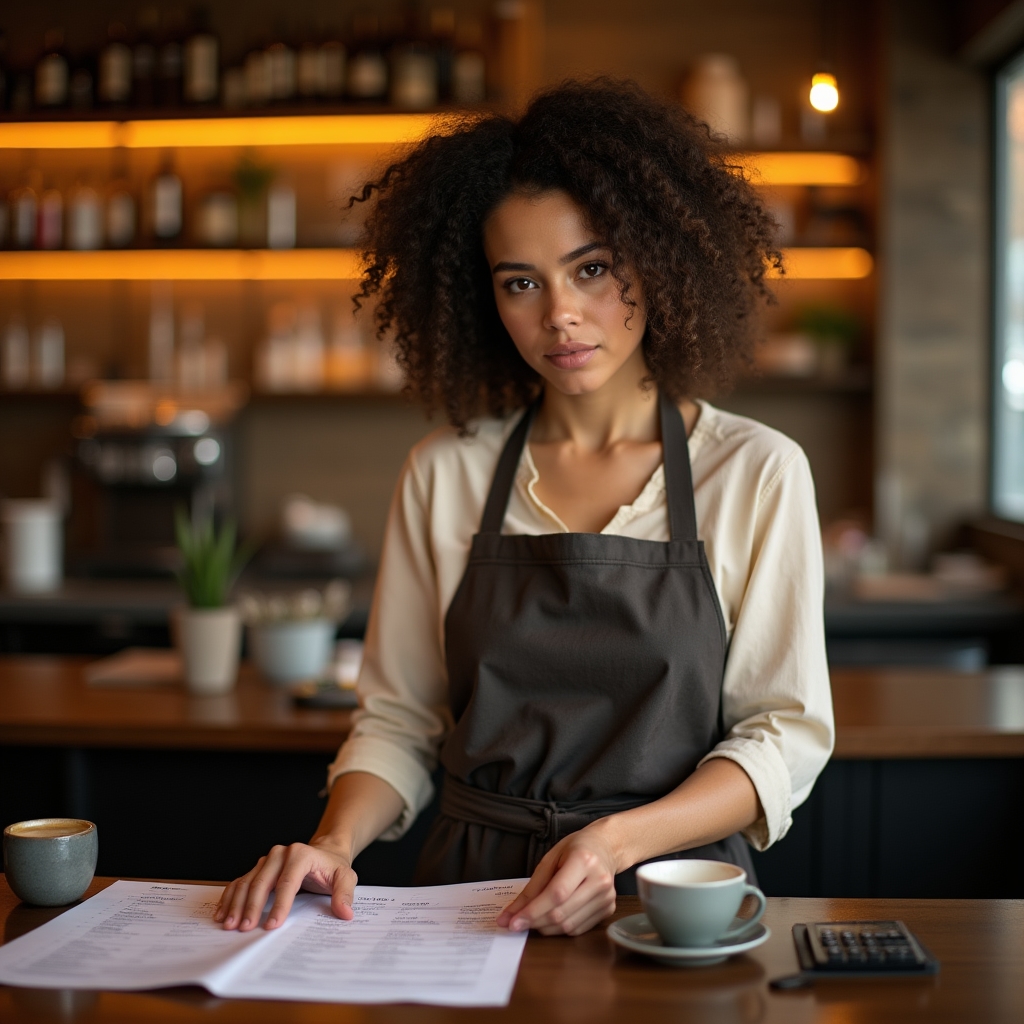 Restaurant entrepreneur reviewing food cost documents at a kitchen counter