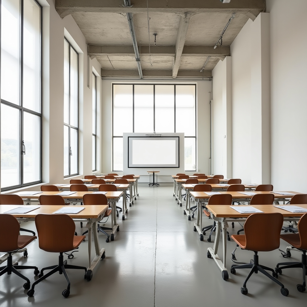 Interior of the Madrid training venue with natural light and workshop setup