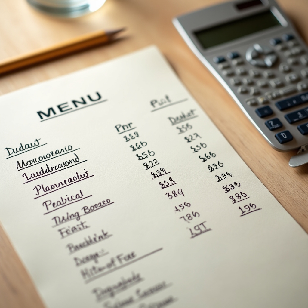 Close-up of a handwritten menu with cost annotations and a calculator beside it
